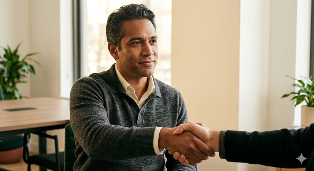 Business owners shaking hands at the decision moment