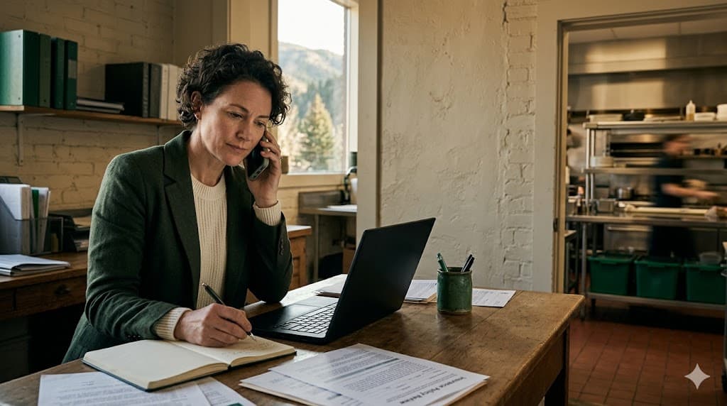 Commercial business owner reviewing her insurance policy by phone with documents in front of her