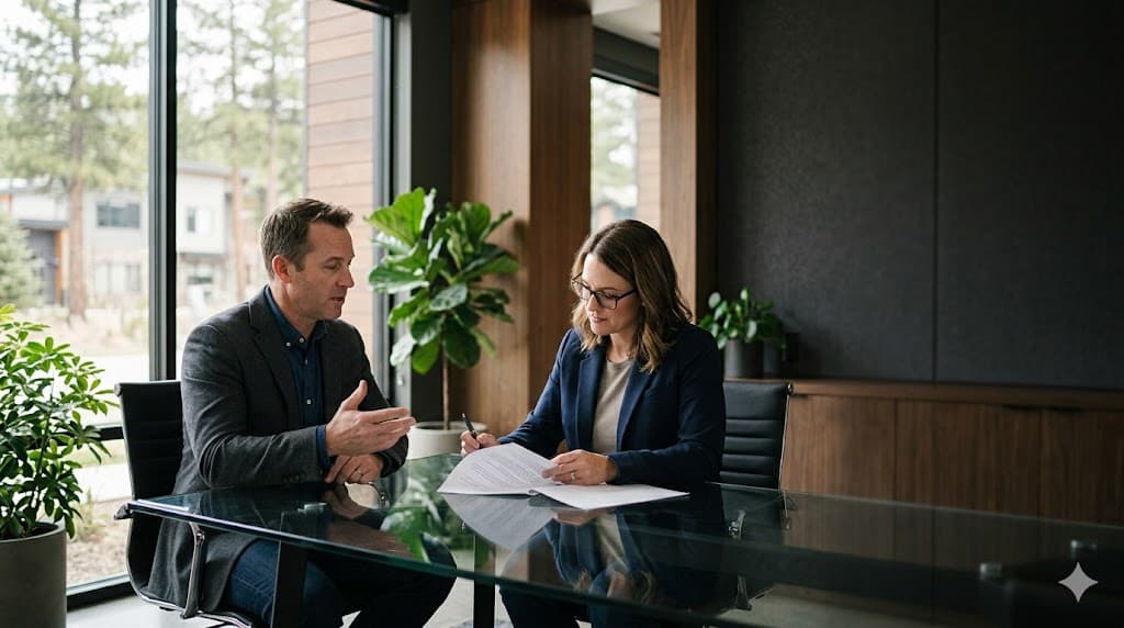Two professionals in modern business setting reviewing cyber coverage documents