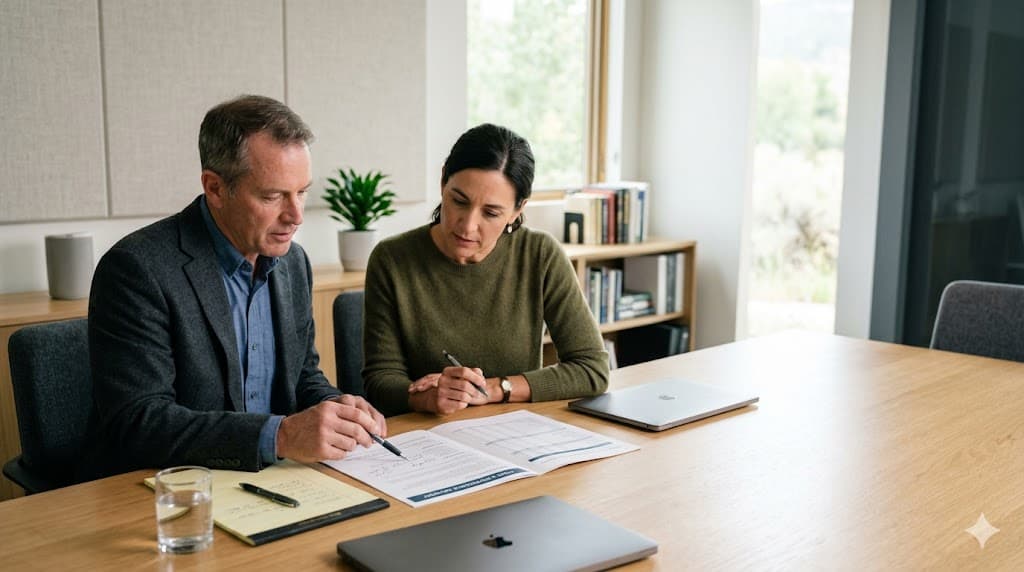 Board member and broker reviewing an HOA coverage program
