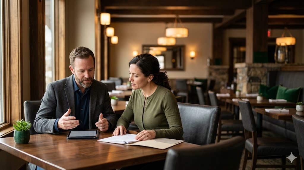 Restaurant operator and broker reviewing a coverage program