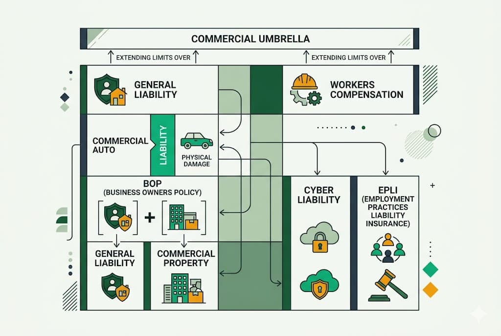 Diagram of the eight interlocking coverage lines in a commercial insurance program