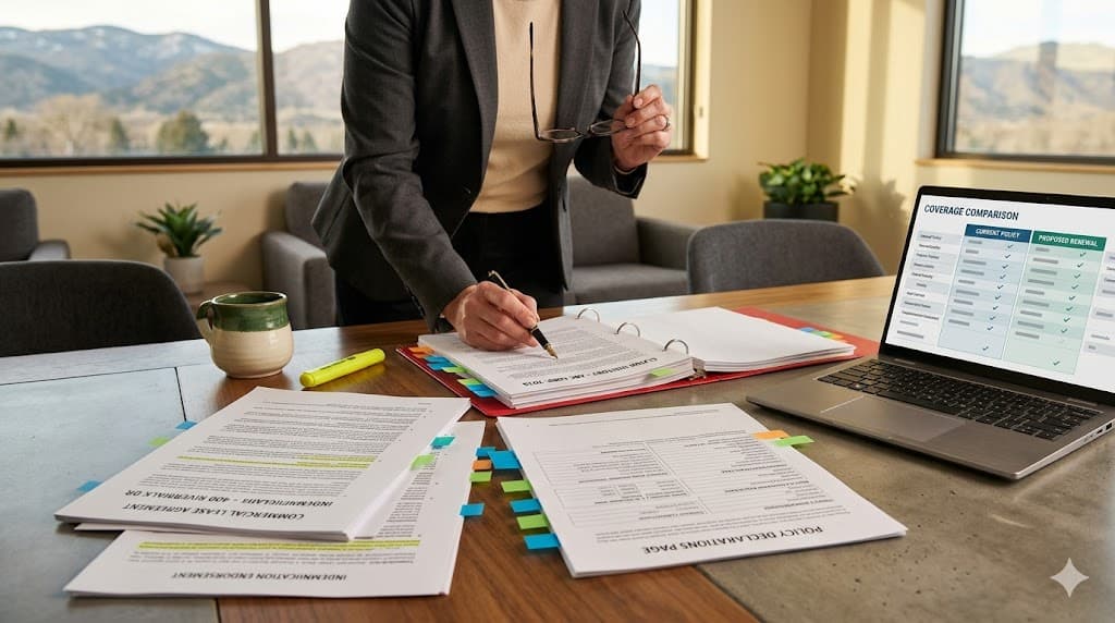 Advisor walking a business owner through a consultative commercial coverage review before binding