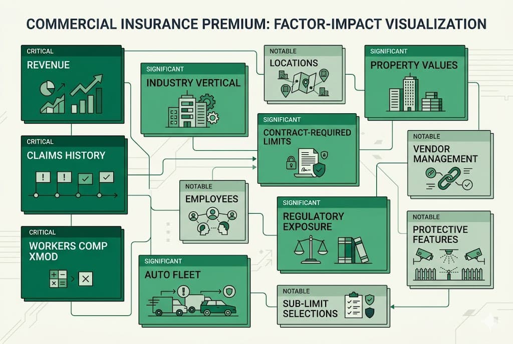 Factor-driven visualization of what moves commercial insurance premium across established operators