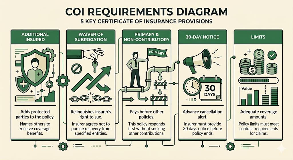 Certificate of Insurance diagram showing the 5 most common COI requirements: additional insured, waiver of subrogation, primary and non-contributory, 30-day notice of cancellation, and specific limits