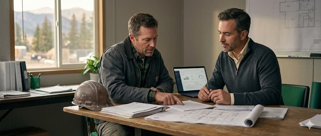 Commercial roofing contractor and advisor reviewing GC subcontract insurance schedule against existing policy declarations