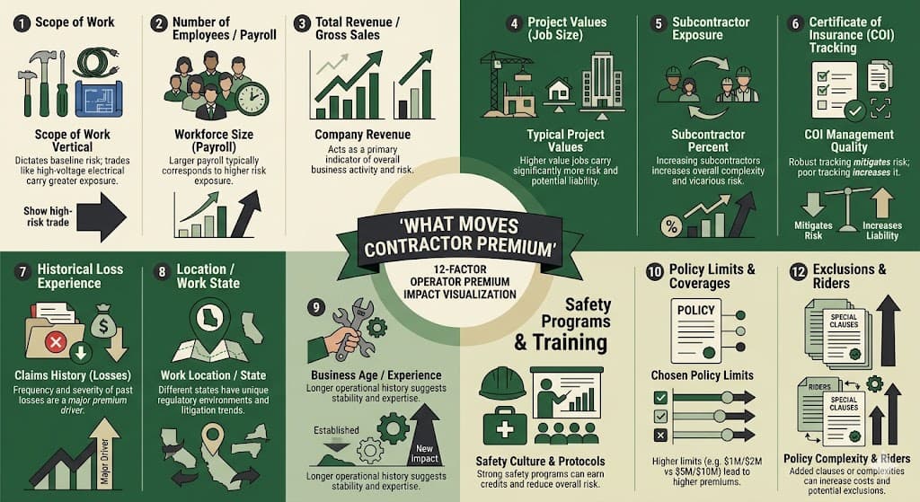 What moves contractor premium — 12 factors including trade class, payroll, claims history, subcontractor exposure, project values, and coverage limits