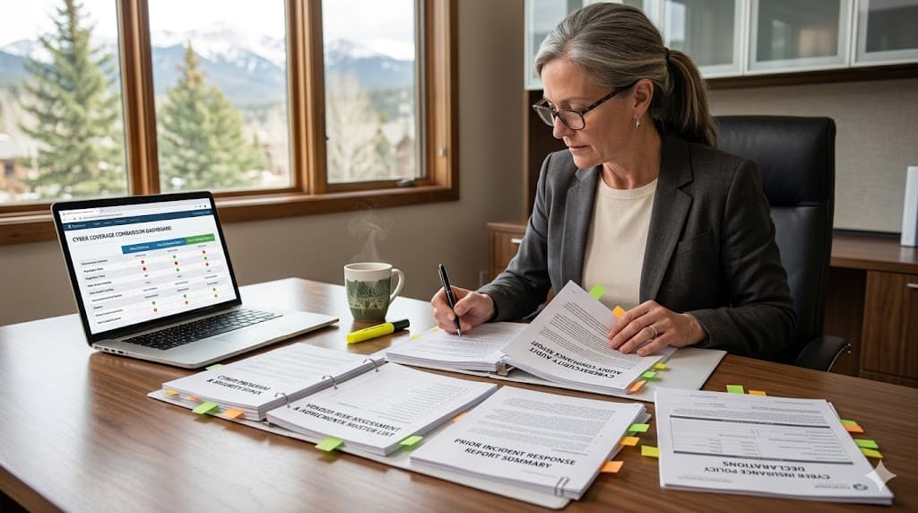 Advisor walking a business owner through a consultative cyber coverage review before binding