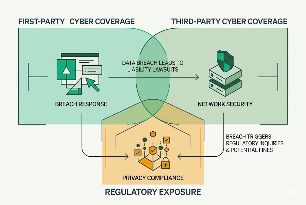 Diagram of the eight interlocking coverage lines in a modern cyber insurance program