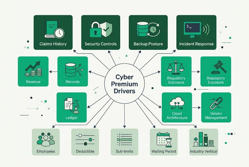 Factor-driven visualization of what moves cyber insurance premium across established operators