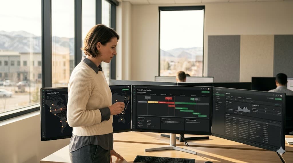 Security operations analyst reviewing threat-intelligence and incident dashboards