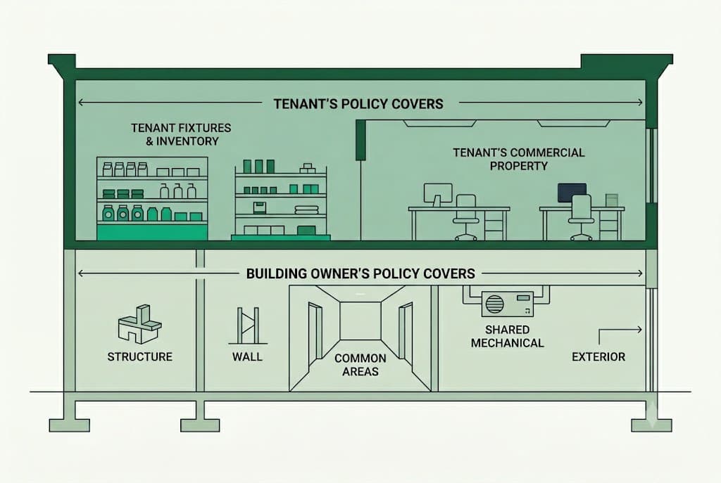 Landlord vs tenant insurance coverage boundary diagram showing building owner covers the shell, roof, common areas, and general liability while tenant covers personal property, improvements, business interruption, and liability within their unit