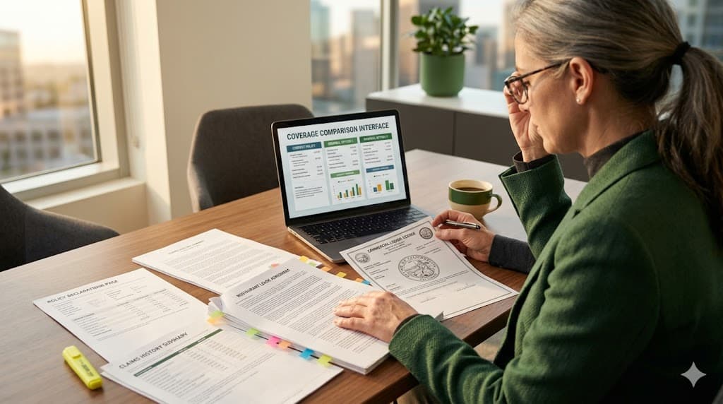 Insurance Service 365 restaurant policy review process comparing commercial lease, liquor license, and insurance policy before binding coverage