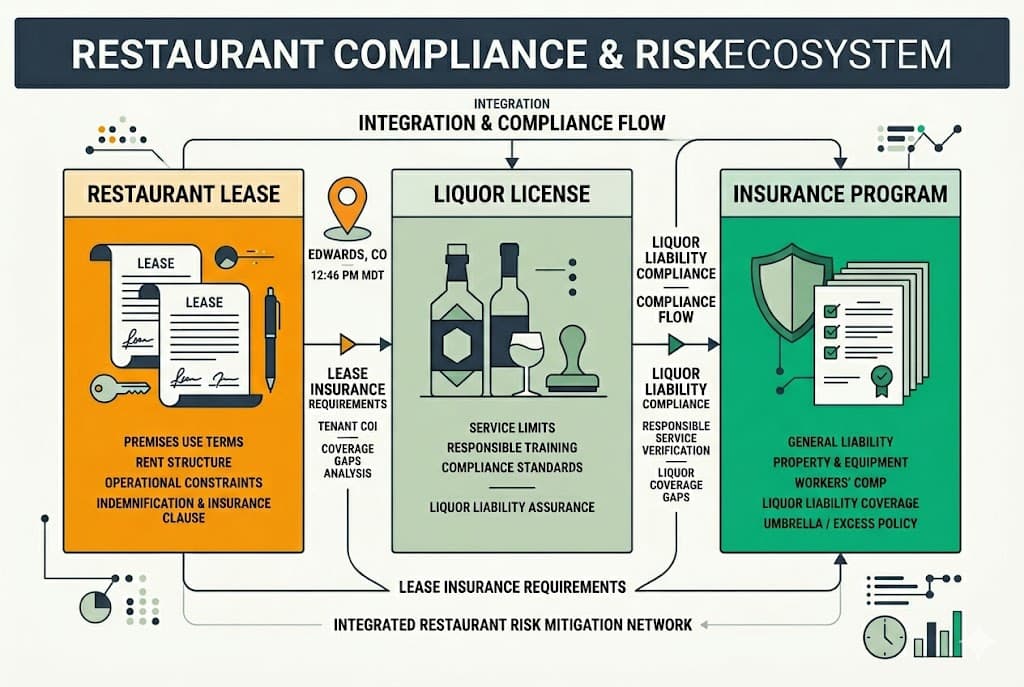 Commercial restaurant lease insurance requirements diagram showing 8 coverage requirements landlords typically mandate