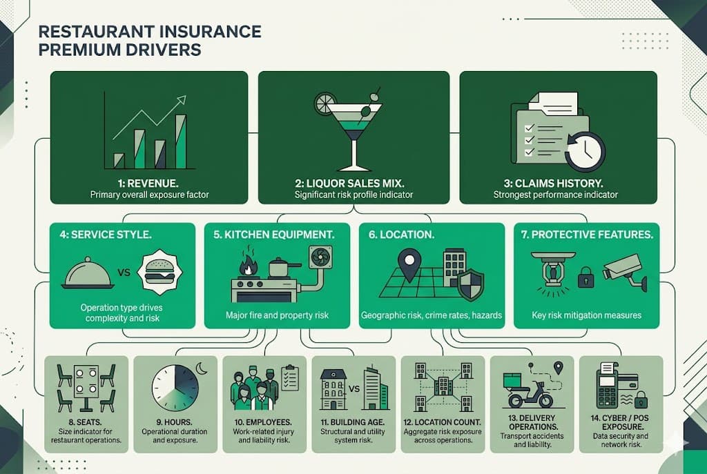 Factor-driven visualization of what moves restaurant insurance premium across established operators