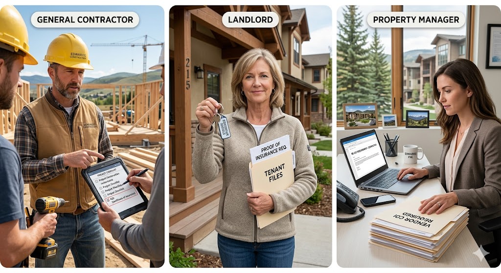 Three scenes showing the main audiences requesting COIs: general contractors, landlords, and property managers