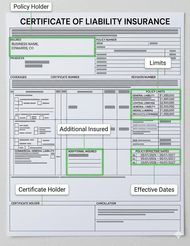 A certificate of insurance with callout labels for the five key fields