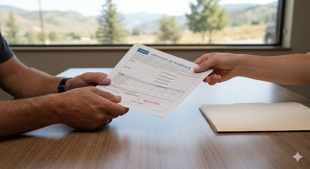 A document being handed back across a table representing a rejected COI