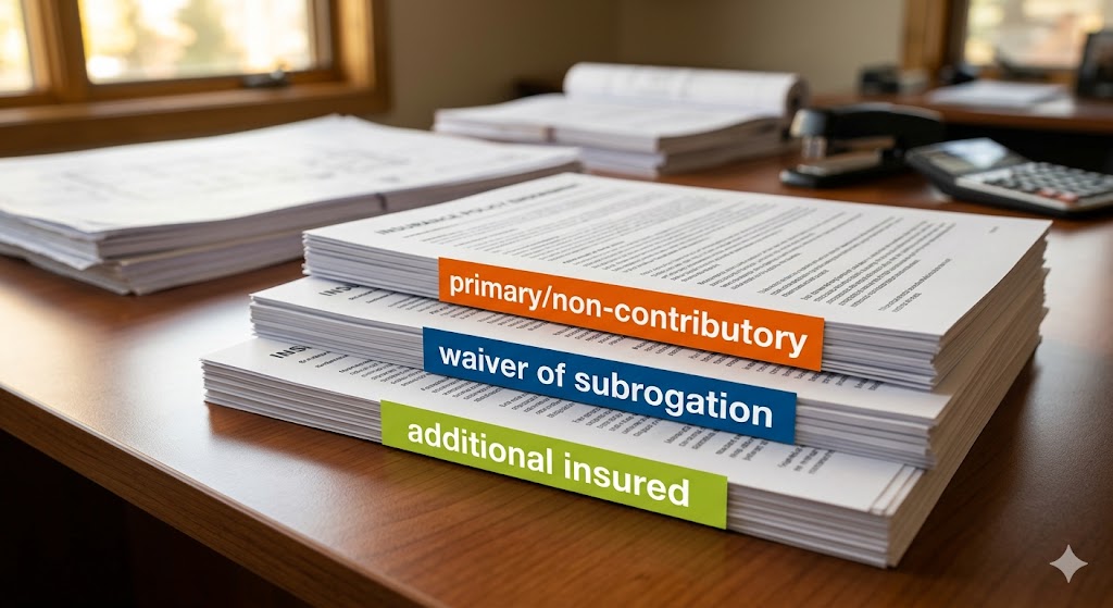 Three labeled documents representing additional insured, waiver of subrogation, and primary non-contributory requirements