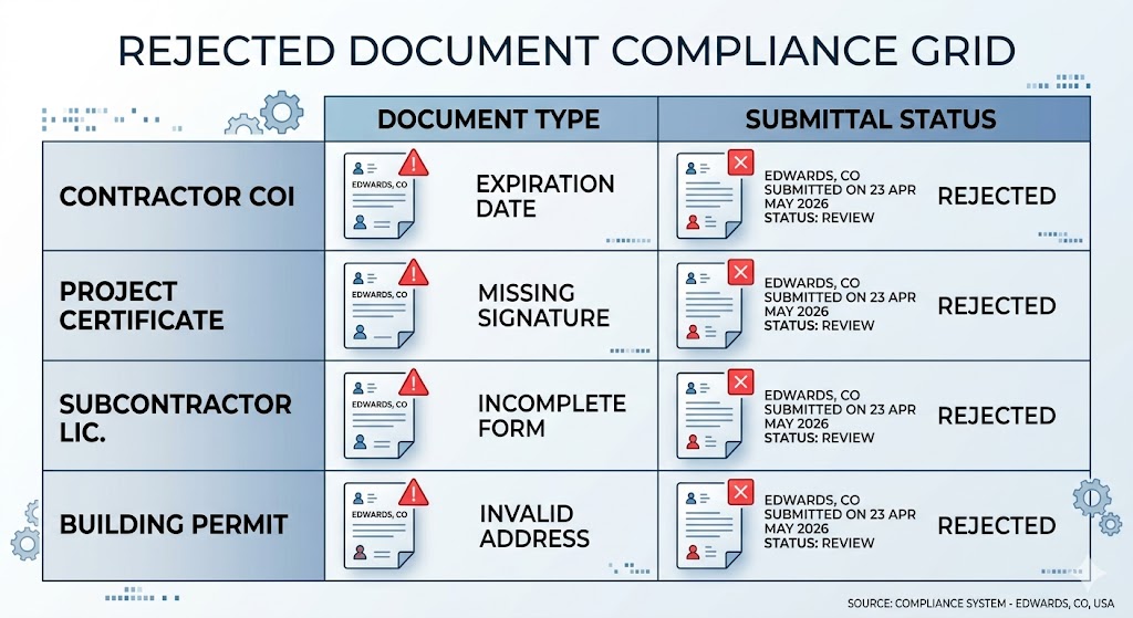 A grid of 8 document tiles showing common COI rejection reasons