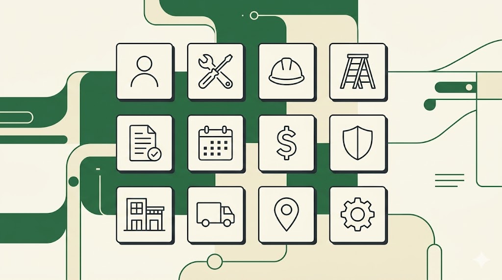 Grid of 12 icons representing the factors that drive contractor insurance pricing
