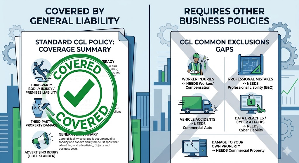Documents showing what general liability covers versus what is excluded