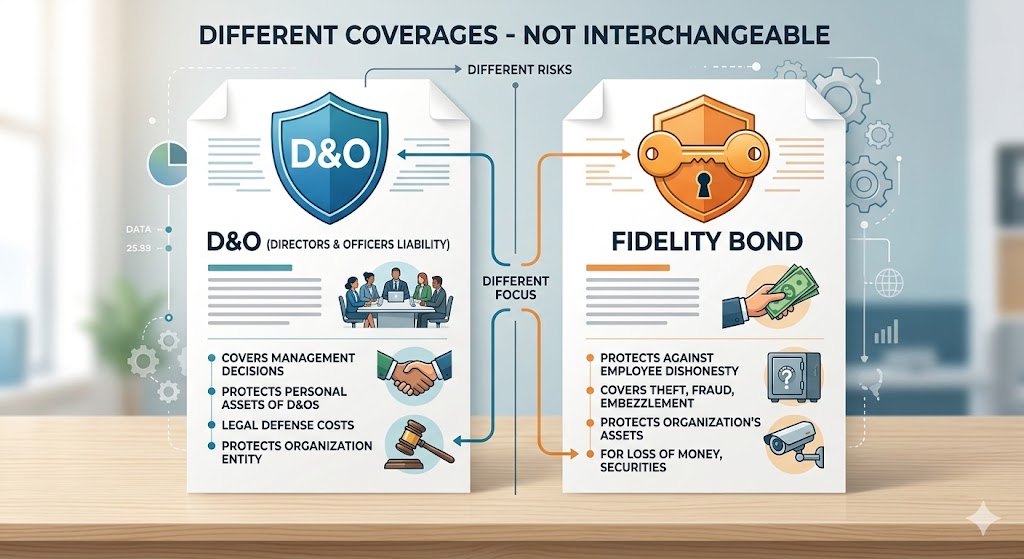 Two documents showing D and O coverage versus fidelity bond coverage as separate policies