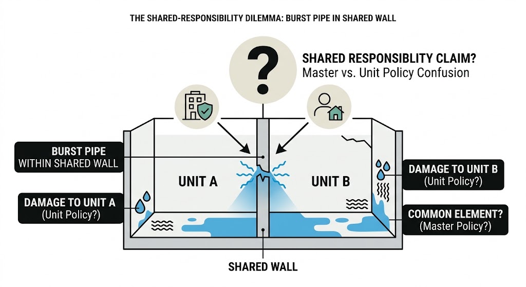 A burst pipe scenario representing a shared-responsibility claim between master and unit policies