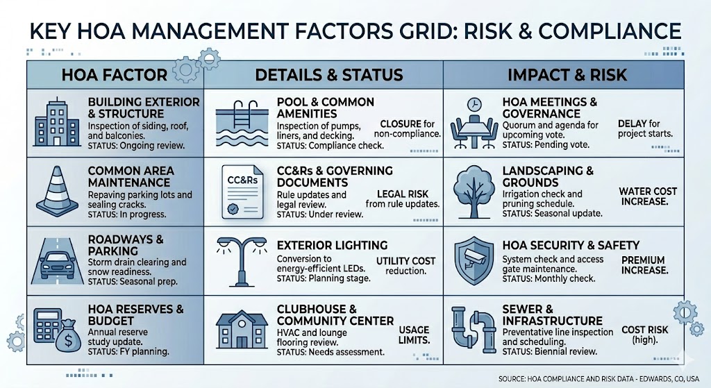 A grid of twelve factors that drive HOA master policy insurance costs