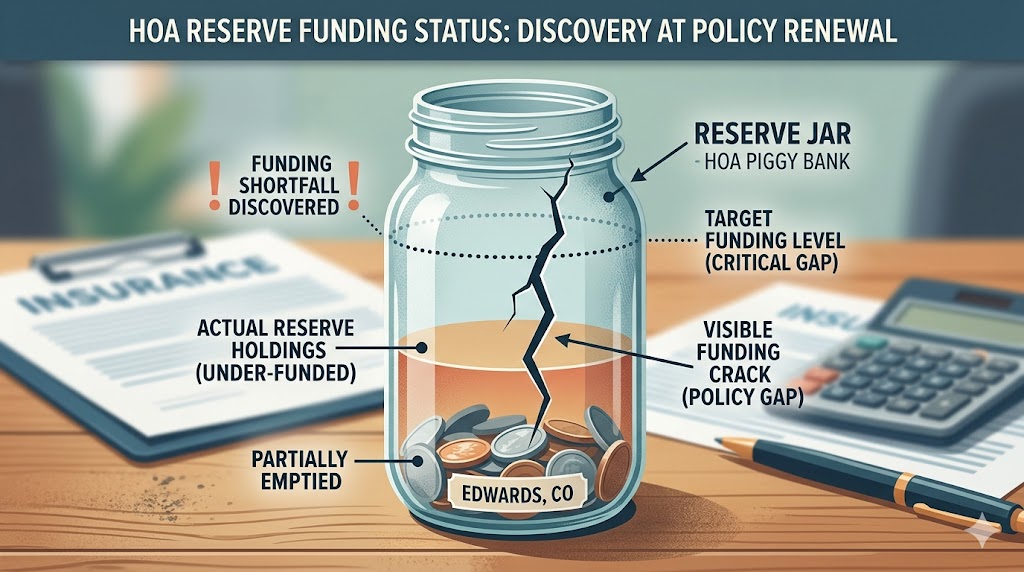 A cracked reserve fund representing an under-funded HOA discovered at policy renewal