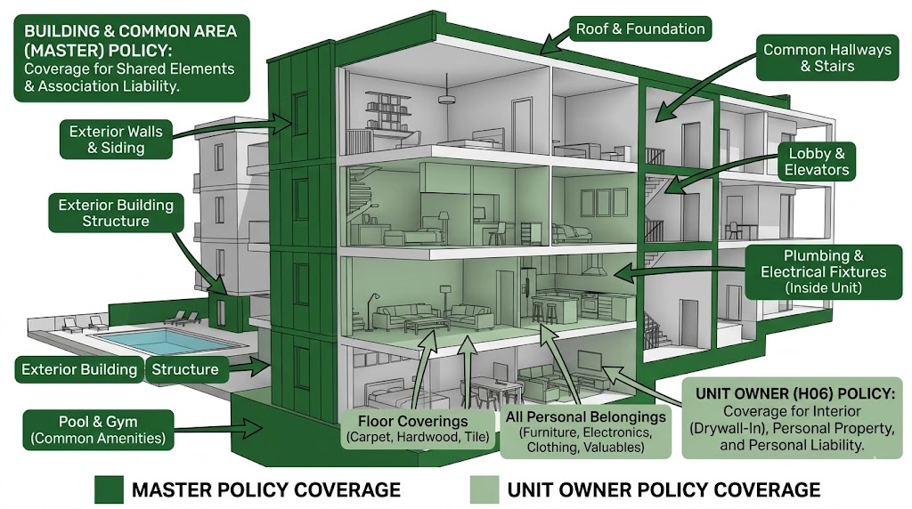 A cross-section illustration showing what the HOA master policy covers versus what the unit owner policy covers