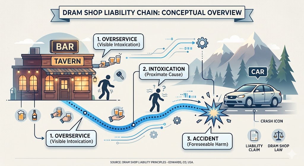 A simplified illustration showing the chain of liability from overservice to incident