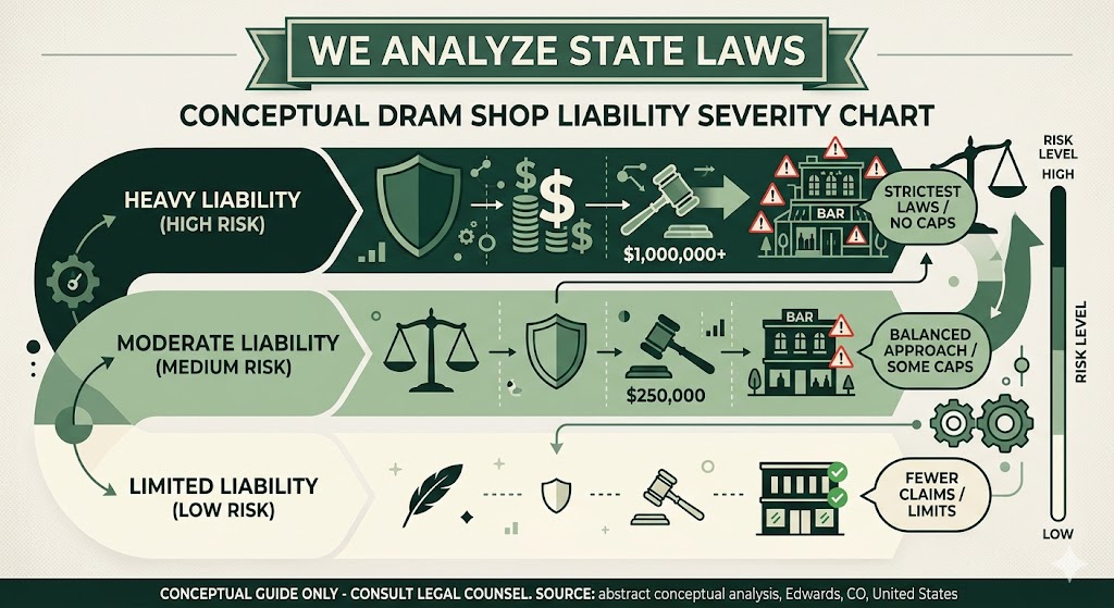 A stylized map showing dram shop liability severity across US states