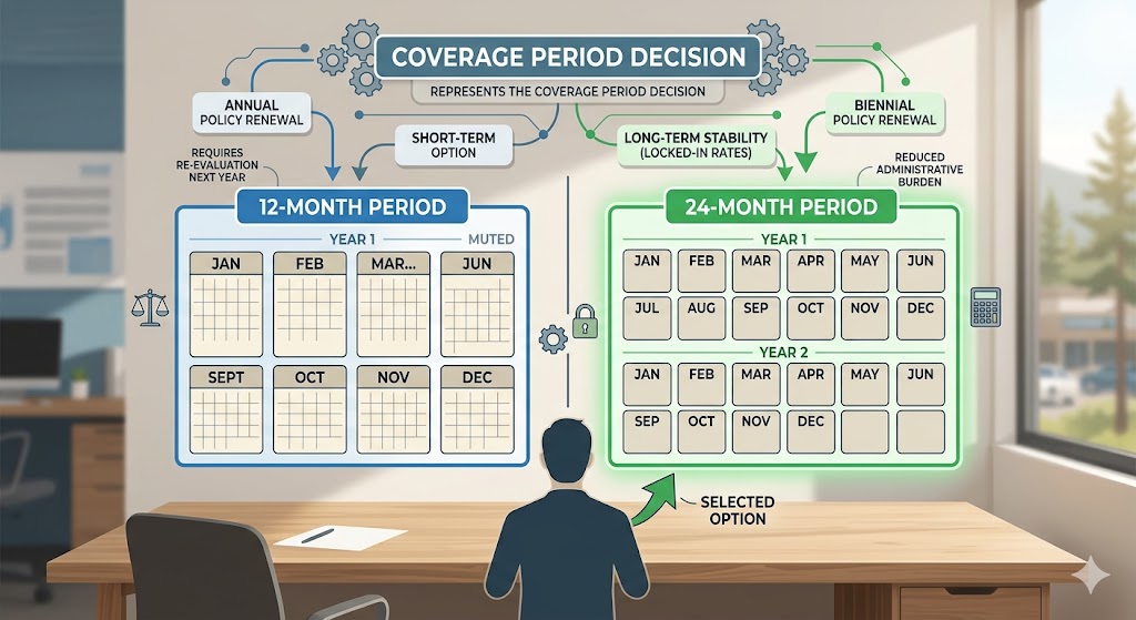 Two calendars comparing 12-month versus 24-month loss-of-rents coverage periods