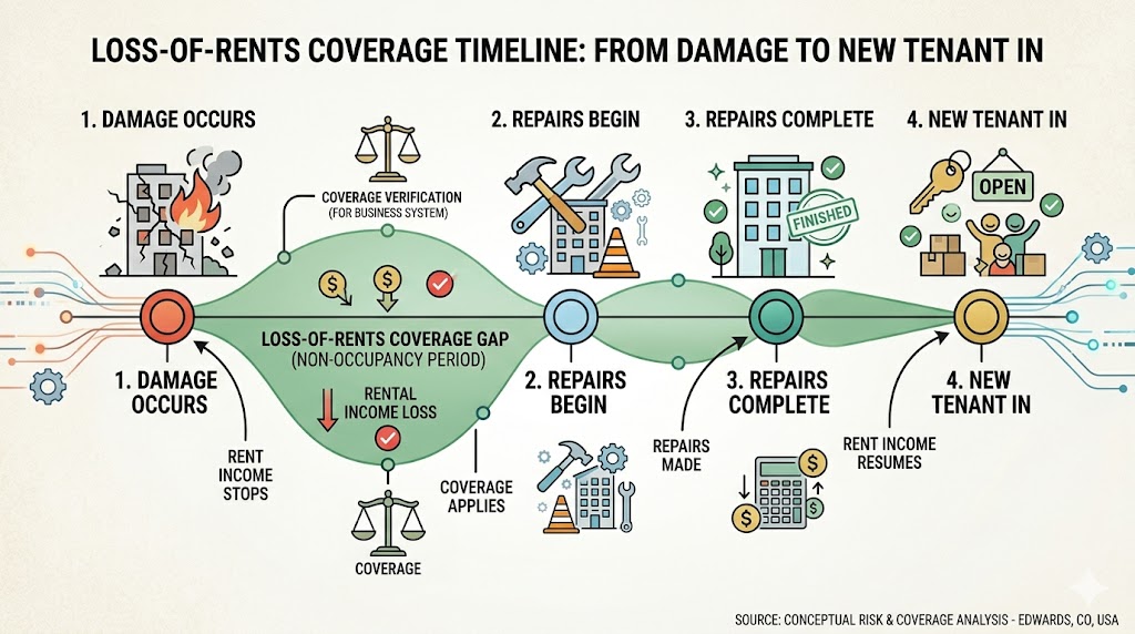 A four-stage horizontal timeline showing damage, repair period, and re-leasing stages