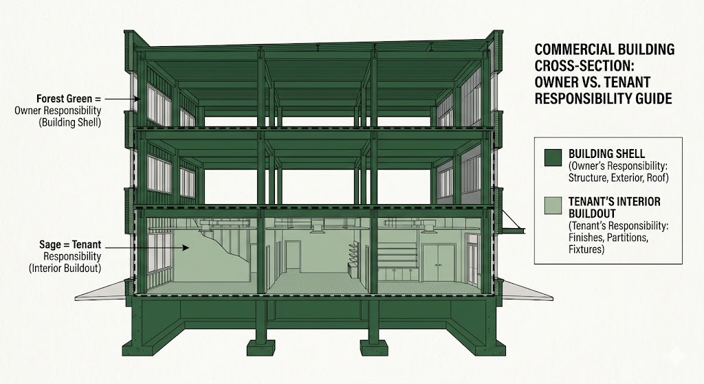 A cross-section of a commercial building showing the ownership boundary between building shell and tenant buildout