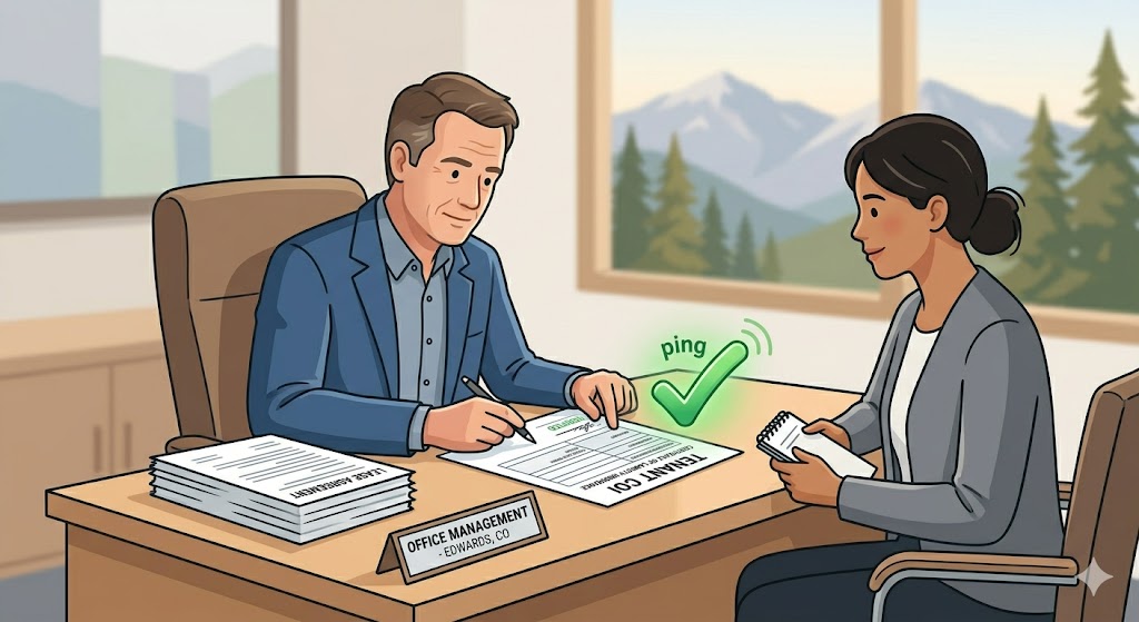 A building owner and tenant reviewing COI paperwork before lease signing