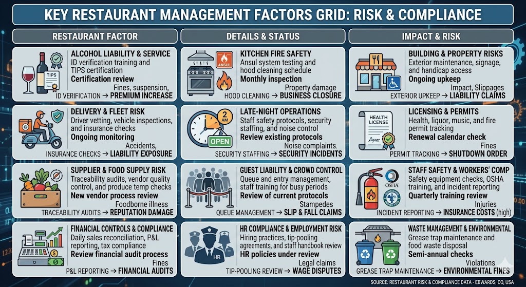 A grid of twelve factors that drive restaurant insurance costs