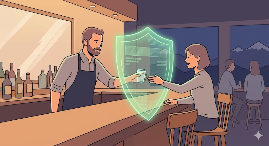 A bartender serving a drink with a protective shield representing liquor liability coverage