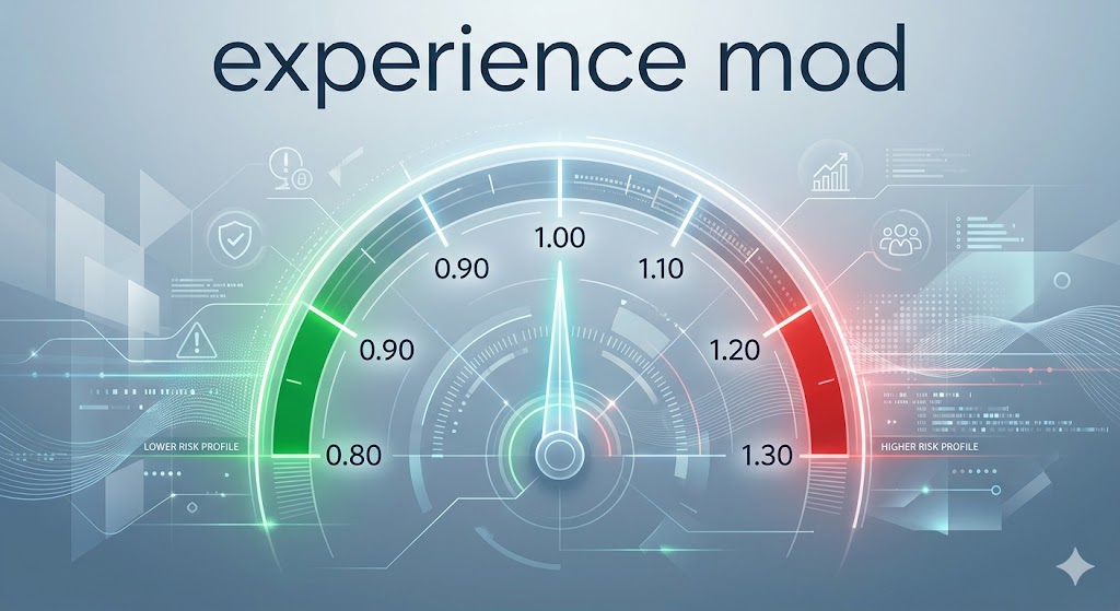 An experience modification factor gauge showing the range from 0.80 to 1.30