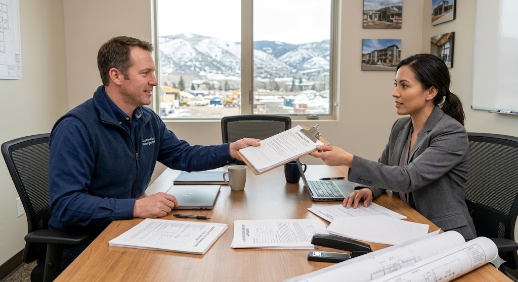 Two contractors at a truck tailgate reviewing subcontractor COI paperwork
